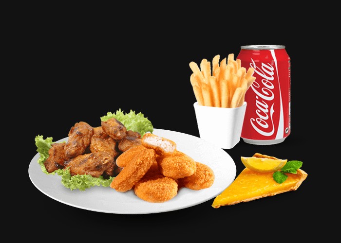 5 Chicken wings<br>
+ 5 Nuggets<br>
+ 5 Mozza sticks<br>
+ Fries<br>
+ 1 Dessert of your choice<br>
+ 1 Drink 33cl of your choice.