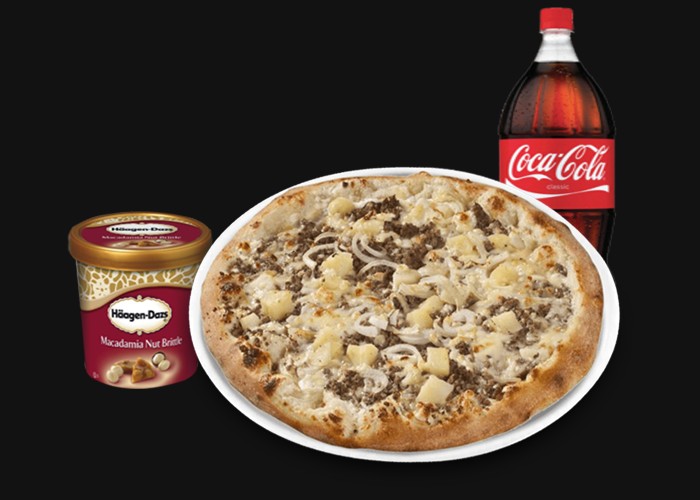 1 Family Pizza of your choice<br>
+ 1 Hagen-Dazs 500ml<br>
+ 1 Maxi Coca Cola 1,25L.