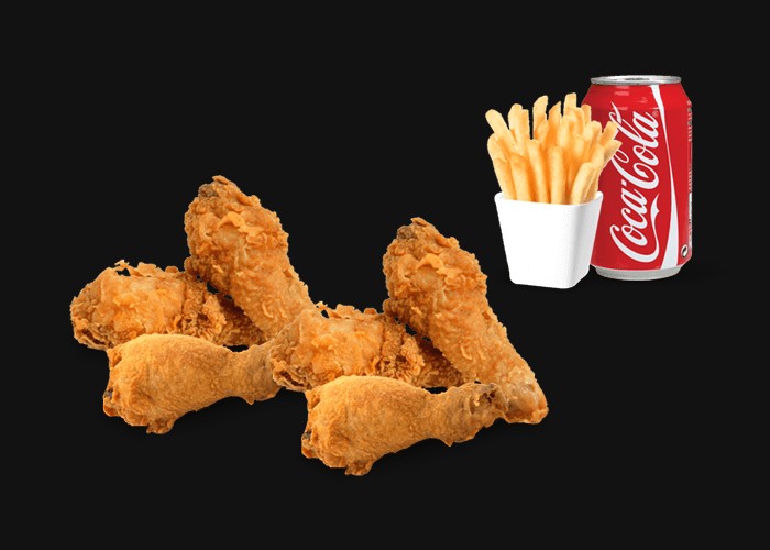 4 Pieces chicken leg<br>
+ Fries or potatoes<br>
+ 1 Drink 33cl of your choice.

