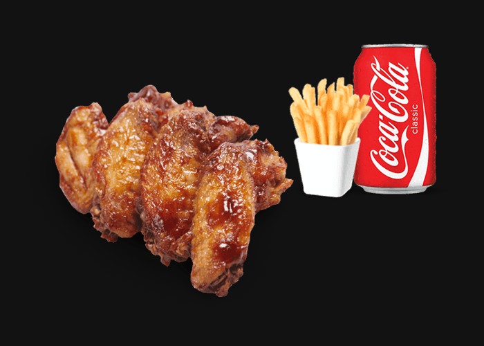 8 Pieces chicken wings<br>
+ Fries or potatoes<br>
+ 1 Drink 33cl of your choice.