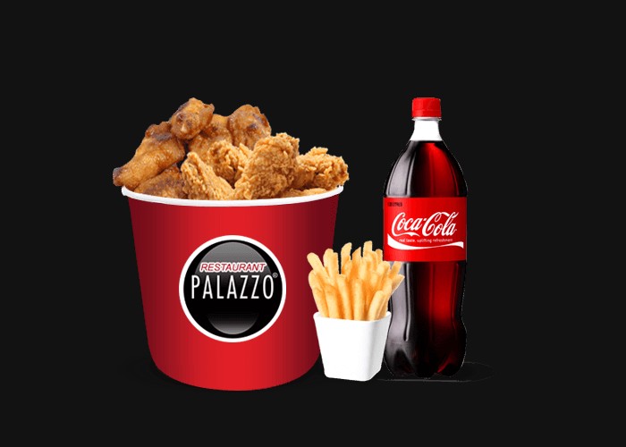 10 Crispy chicken<br>
+ 10 Chicken wings<br>
+ Fries<br>
+ 1 Coca cola 1.25L.