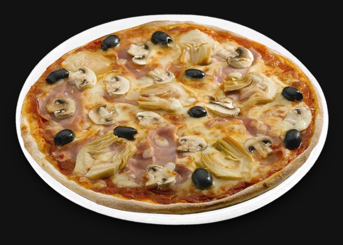 Tomato, cheese, ham, mushrooms, peppers, artichokes, olives, oregano.