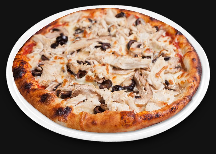 Fresh cream, cheese, chicken, mushrooms, tomato slices, olives.