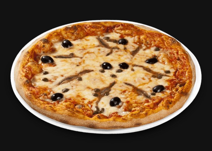 Tomate, fromage, anchois, capres, origan.
