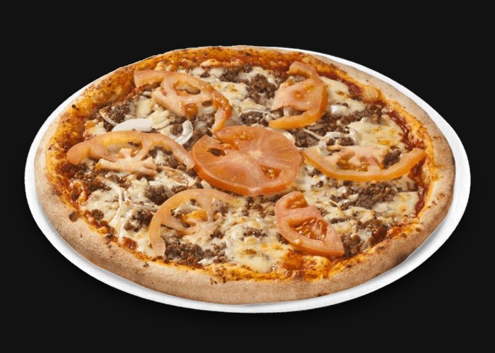 Tomate, fromage, viande hachee, tomates fraiches, oignons.