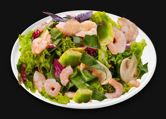 Salade, tomates, avocat, crevettes, mayonnaise.