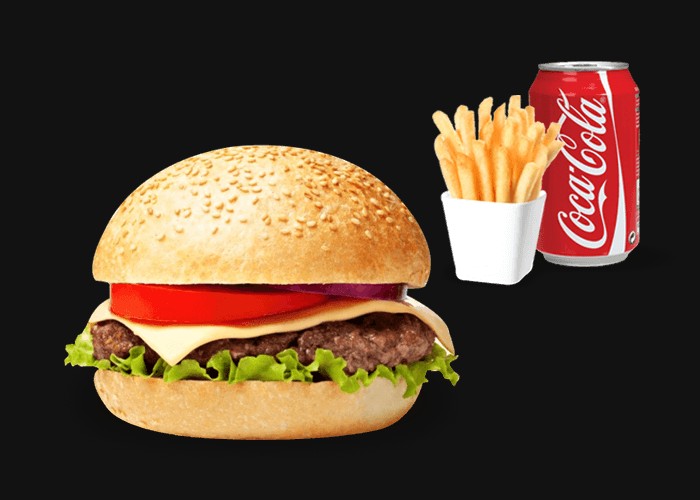 Cheese burger ( 1 steak )<br>
+ Frites ou Potatoes<br>
+ 1 Boisson 33cl au choix.