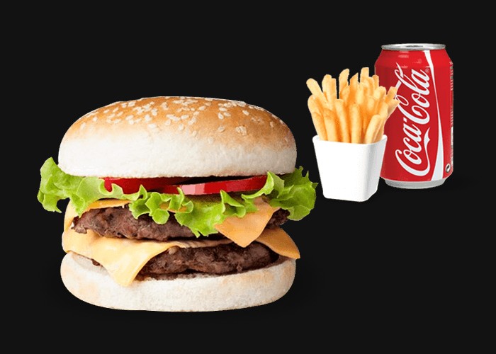 Double cheese burger ( 2 steaks)<br>
+ Frites ou Potatoes<br>
+ 1 Boisson 33cl au choix.