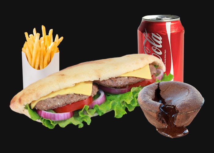 1 Sandwich steak fromage<br>
+ Frites<br>
+ 1 Dessert au choix<br>
+ 1 Boisson 33cl au choix.